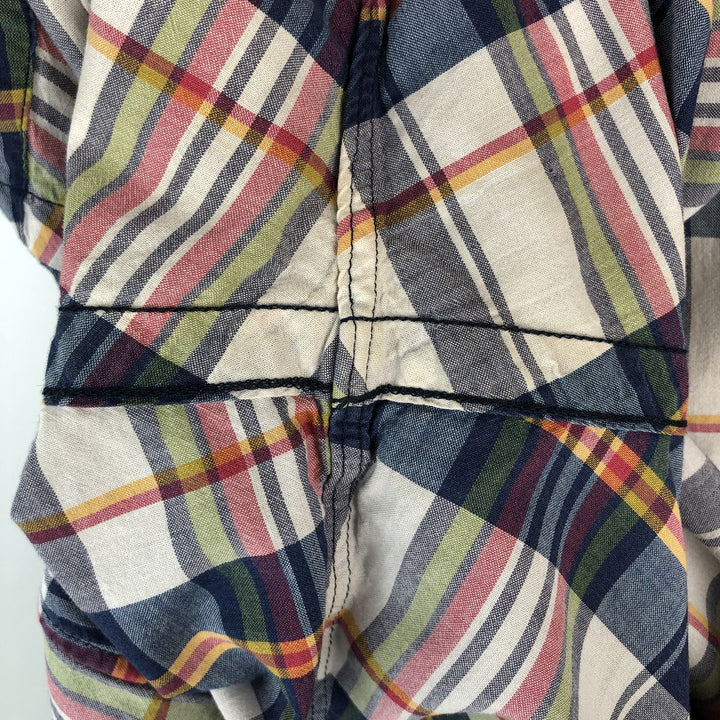 Ralph Lauren Madras check short-sleeved button-down check shirt, men's size L (approx.) cotton navy blue type Vintage Second Hand