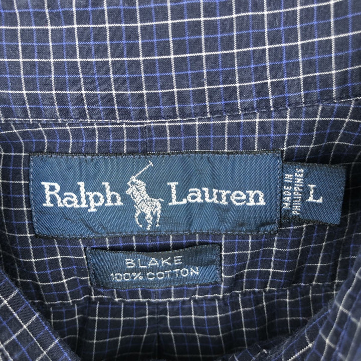 Ralph Lauren BLAKE short sleeve button down check shirt, men's size L cotton navy blue type Vintage Second Hand