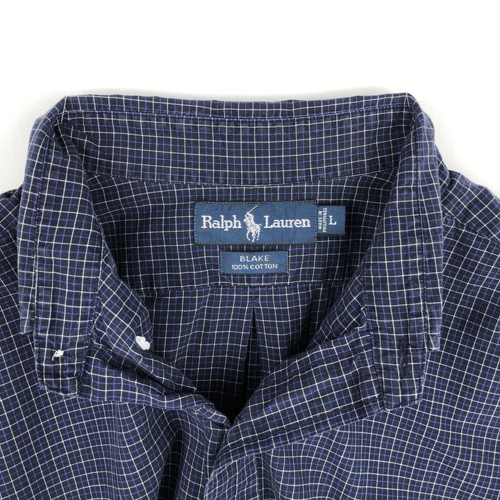 Ralph Lauren BLAKE short sleeve button down check shirt, men's size L cotton navy blue type Vintage Second Hand