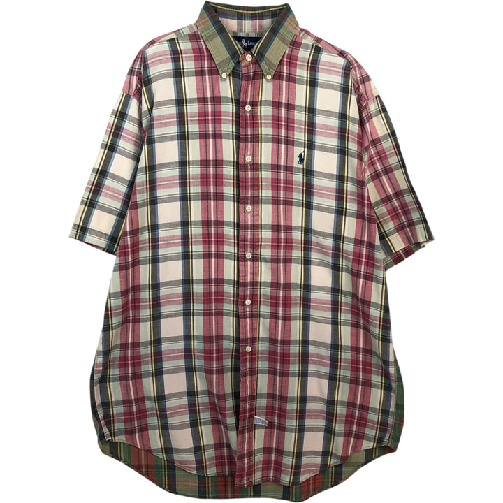 Ralph Lauren Madras check short-sleeved button-down check shirt, men's size M (approx.) cotton red type Vintage Second Hand