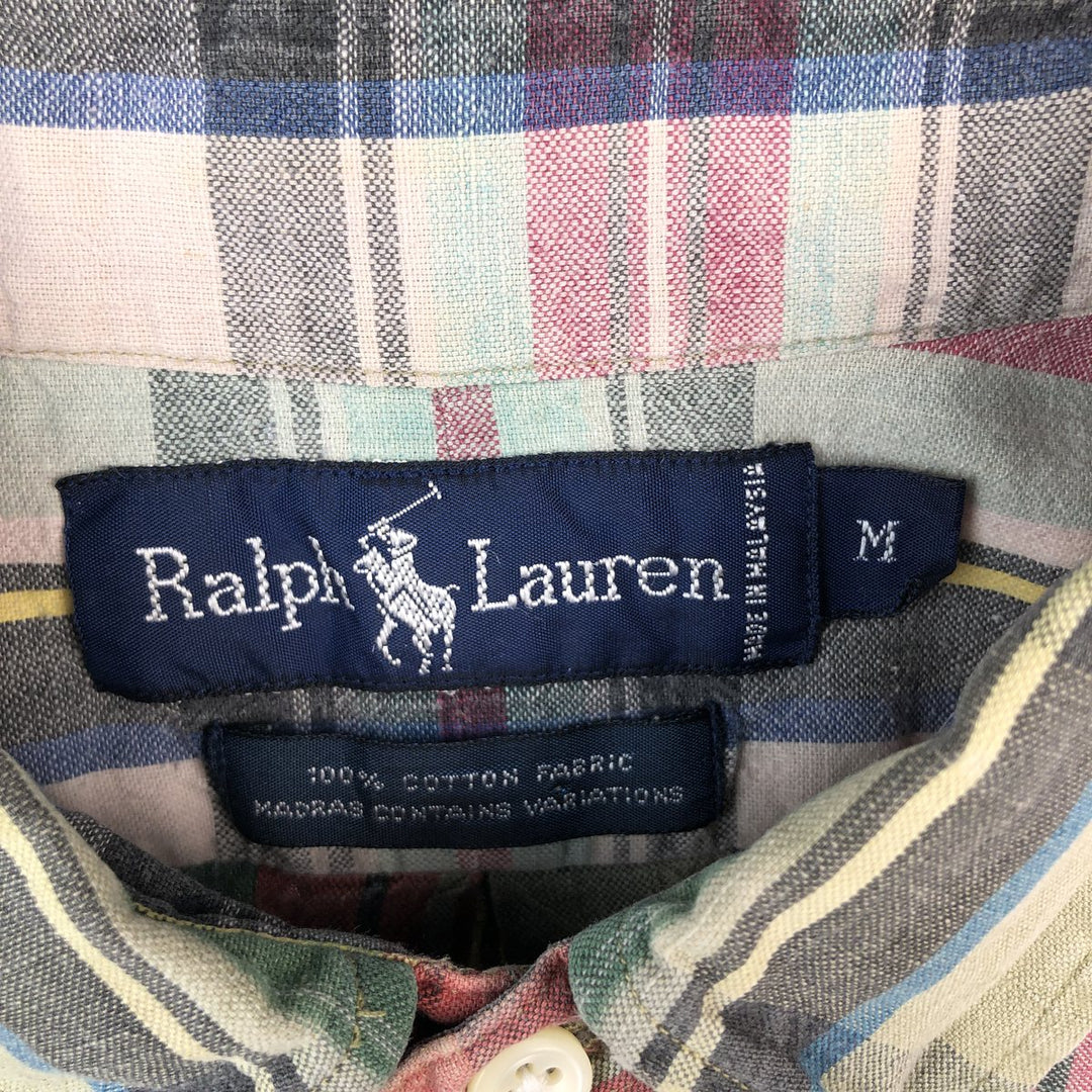 Ralph Lauren Madras check short-sleeved button-down check shirt, men's size M (approx.) cotton red type Vintage Second Hand