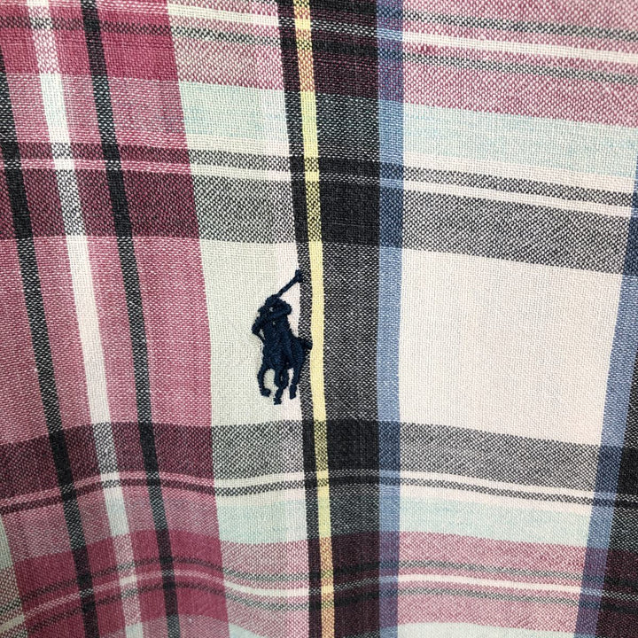 Ralph Lauren Madras check short-sleeved button-down check shirt, men's size M (approx.) cotton red type Vintage Second Hand