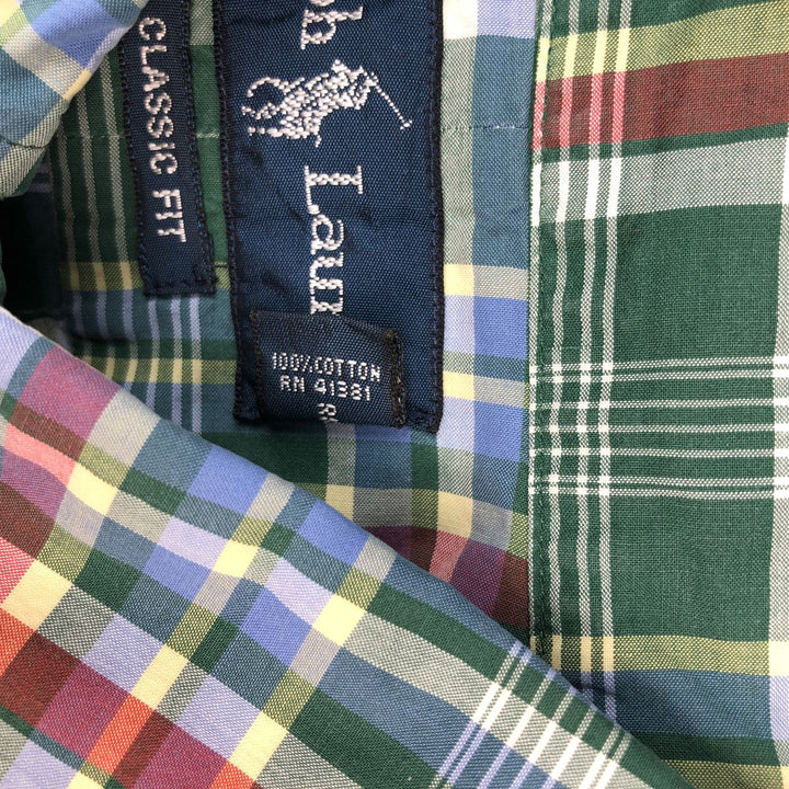 Ralph Lauren Classic Fit Madras Check Short Sleeve Button Down Check Shirt Men's Size L cotton green type Vintage Second Hand