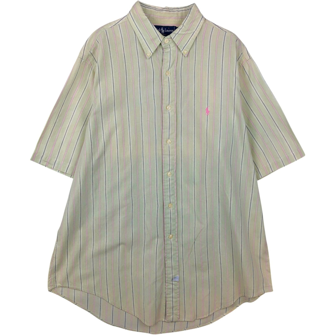 Ralph Lauren short sleeve button down striped shirt, men's XL size cotton green type yellow green Vintage Second Hand