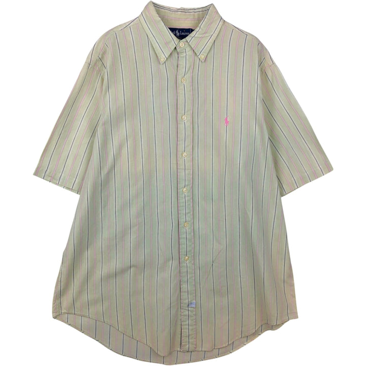 Ralph Lauren short sleeve button down striped shirt, men's XL size cotton green type yellow green Vintage Second Hand