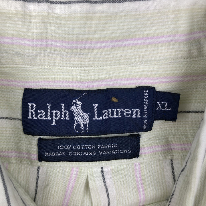 Ralph Lauren short sleeve button down striped shirt, men's XL size cotton green type yellow green Vintage Second Hand
