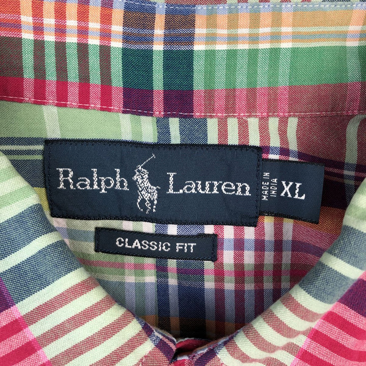 Ralph Lauren Classic Fit Madras Check Short-Sleeve Button-Down Check Shirt, Men's Size XL (approx.) cotton pink type Vintage Second Hand