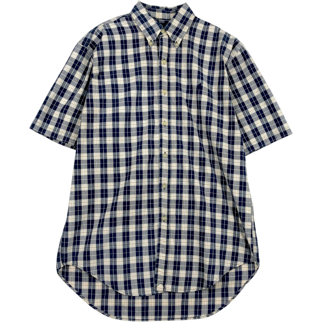 Ralph Lauren BLAIRE short-sleeved button-down check shirt with a single logo, men's size M (approx.) cotton navy blue type Vintage Second Hand