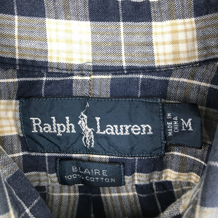Ralph Lauren BLAIRE short-sleeved button-down check shirt with a single logo, men's size M (approx.) cotton navy blue type Vintage Second Hand