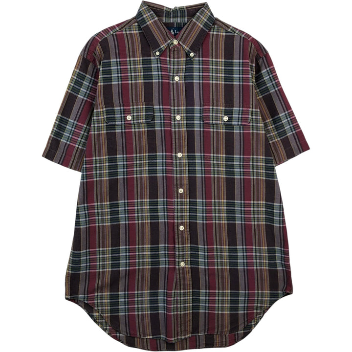 Ralph Lauren CLASSIC FIT Madras check short-sleeved button-down check shirt, men's size M (approx.) cotton wine-red Vintage Second Hand