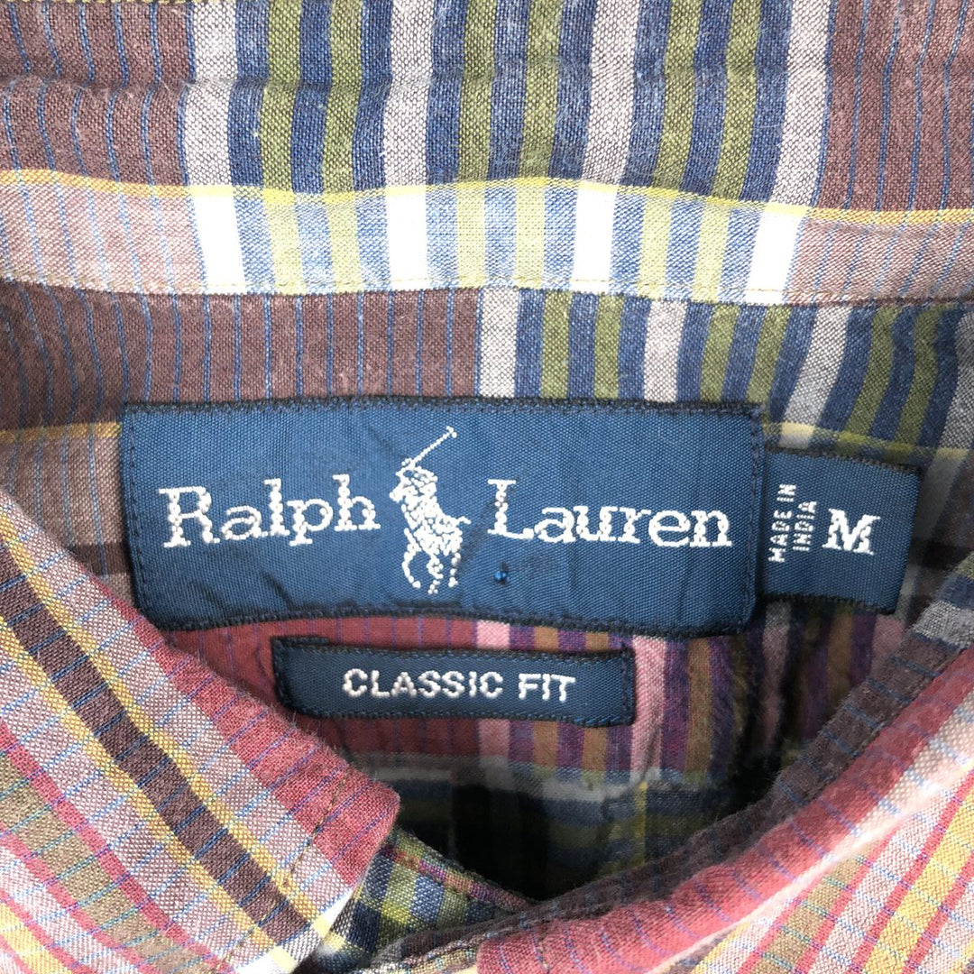 Ralph Lauren CLASSIC FIT Madras check short-sleeved button-down check shirt, men's size M (approx.) cotton wine-red Vintage Second Hand