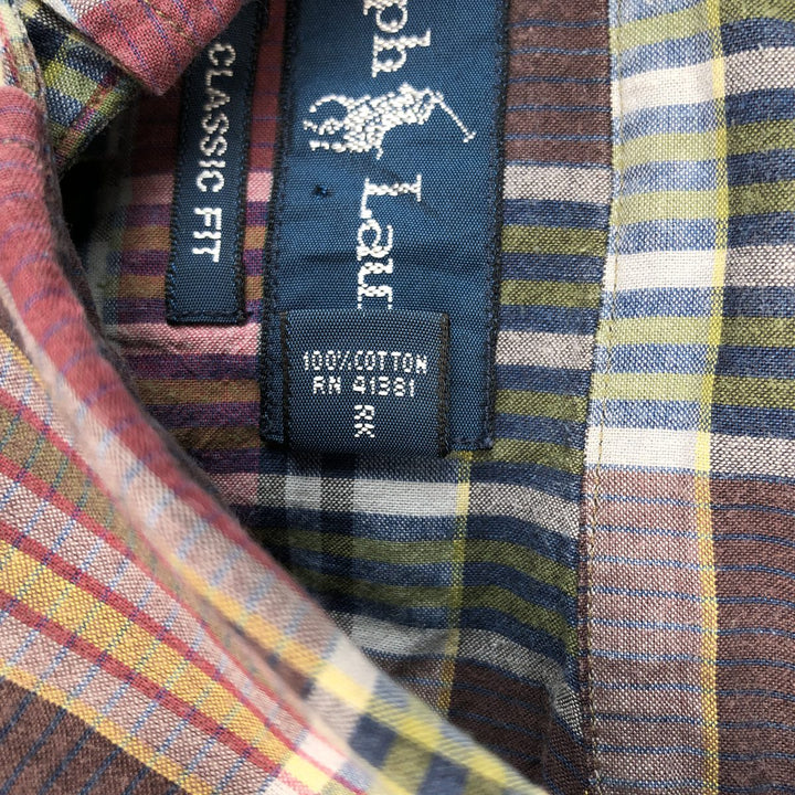 Ralph Lauren CLASSIC FIT Madras check short-sleeved button-down check shirt, men's size M (approx.) cotton wine-red Vintage Second Hand
