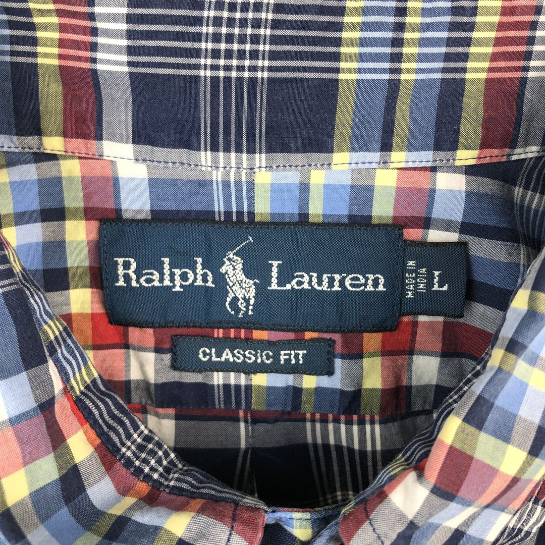 Ralph Lauren Classic Fit Madras Check Short Sleeve Button Down Check Shirt Men's Size L cotton navy blue type Vintage Second Hand