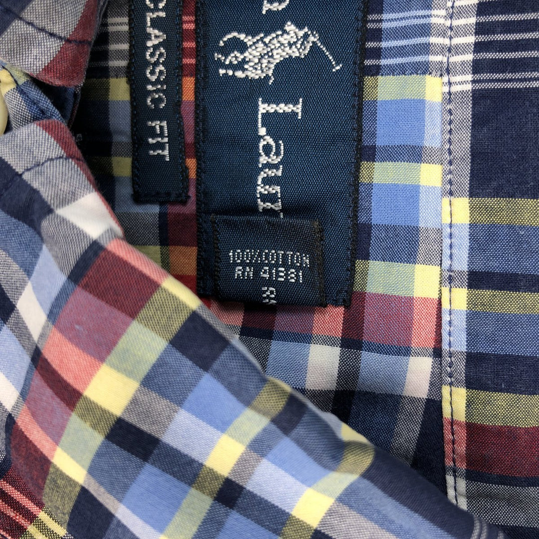 Ralph Lauren Classic Fit Madras Check Short Sleeve Button Down Check Shirt Men's Size L cotton navy blue type Vintage Second Hand
