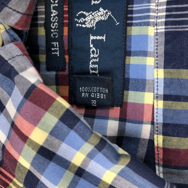 Ralph Lauren Classic Fit Madras Check Short Sleeve Button Down Check Shirt Men's Size L cotton navy blue type Vintage Second Hand