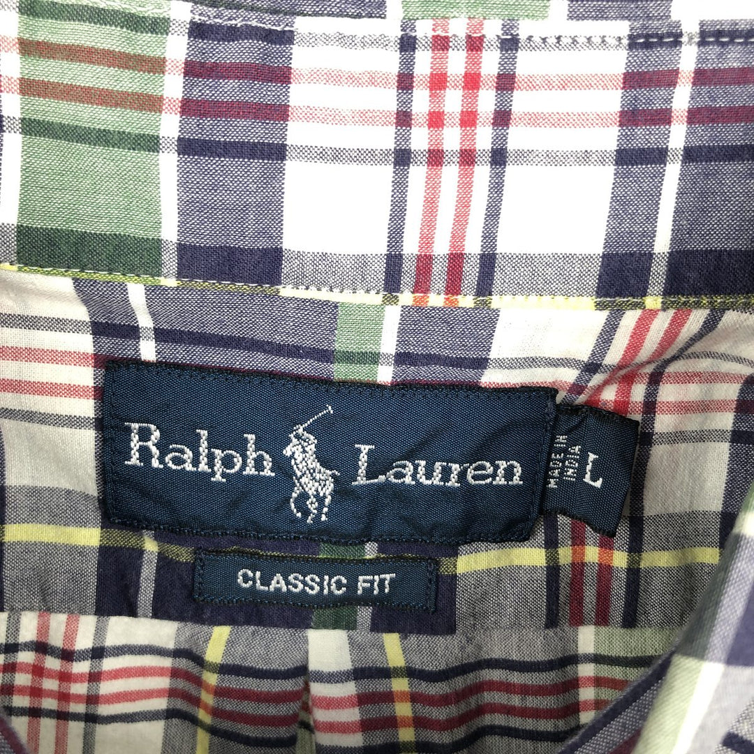 Ralph Lauren Classic Fit Short Sleeve Button Down Check Shirt Men's Size L cotton navy blue type Vintage Second Hand