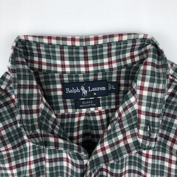 Ralph Lauren BLAKE short sleeve button down check shirt, men's size L cotton Green type dark green Vintage Second Hand