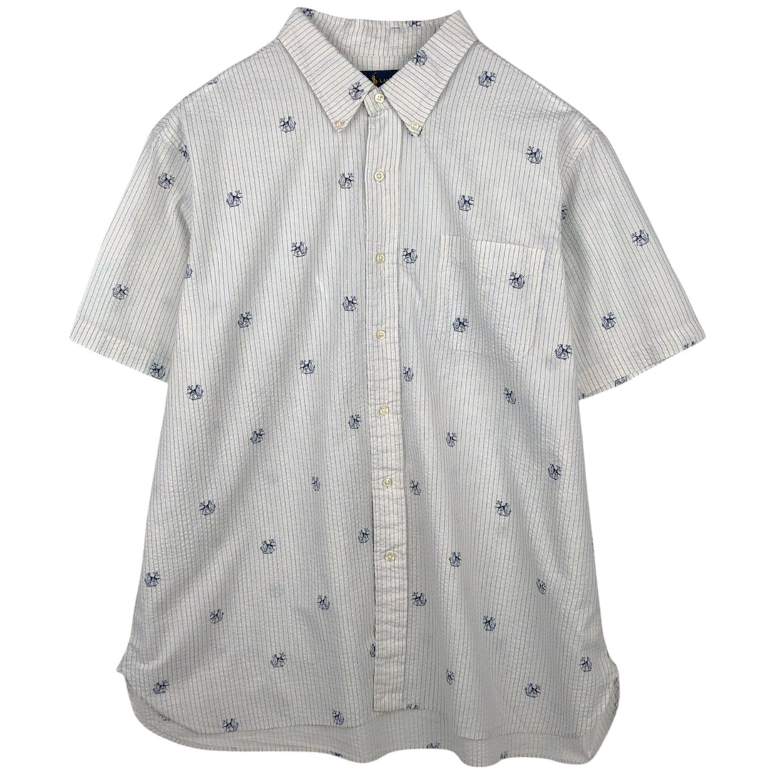 Ralph Lauren CLASSIC FIT Dog Print Seersucker Short-Sleeve Button-Down Striped Shirt, Men's Size XXL (approx.) cotton white type Vintage Second Hand