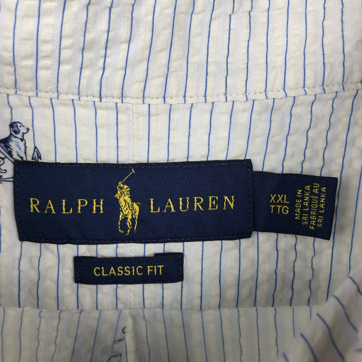 Ralph Lauren CLASSIC FIT Dog Print Seersucker Short-Sleeve Button-Down Striped Shirt, Men's Size XXL (approx.) cotton white type Vintage Second Hand