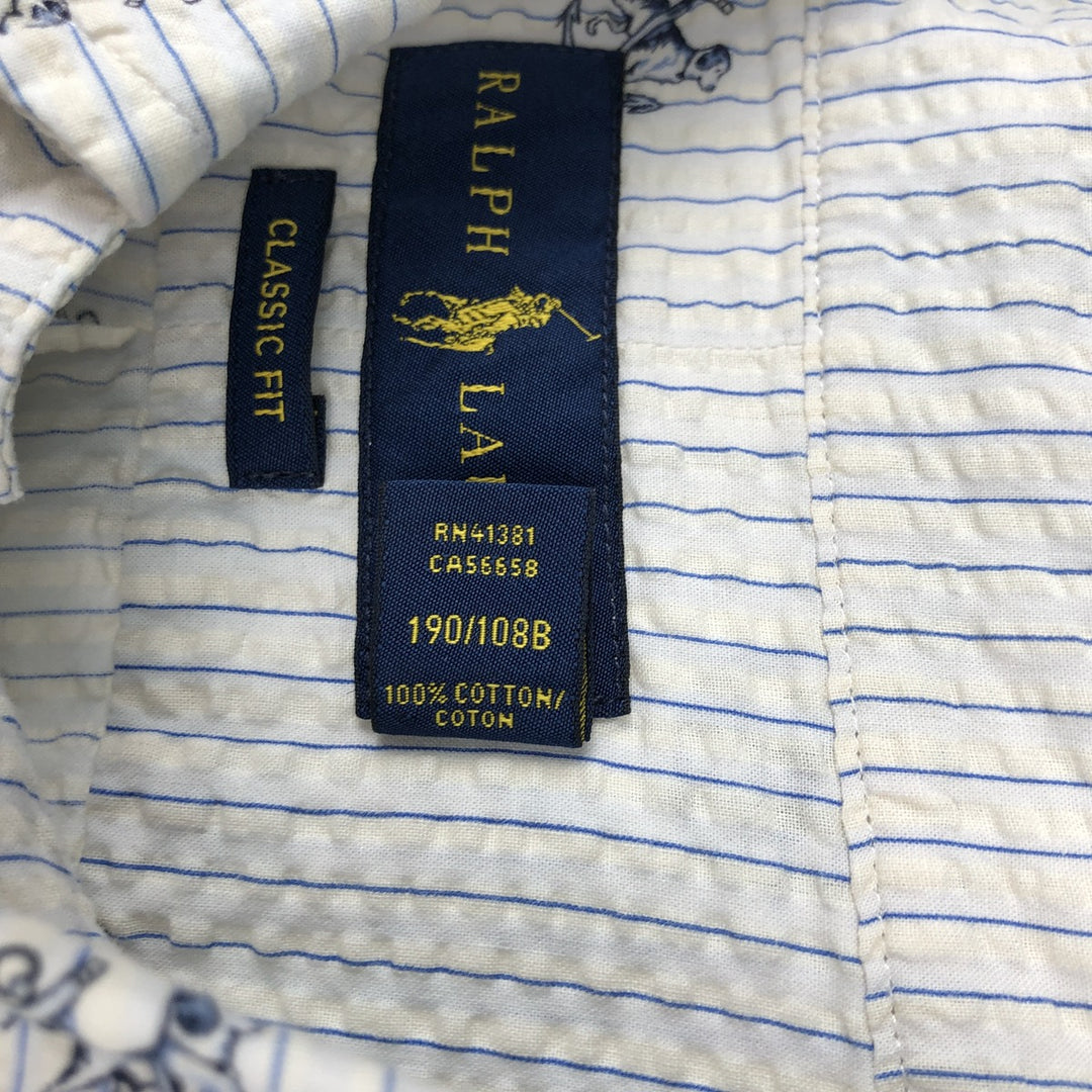 Ralph Lauren CLASSIC FIT Dog Print Seersucker Short-Sleeve Button-Down Striped Shirt, Men's Size XXL (approx.) cotton white type Vintage Second Hand
