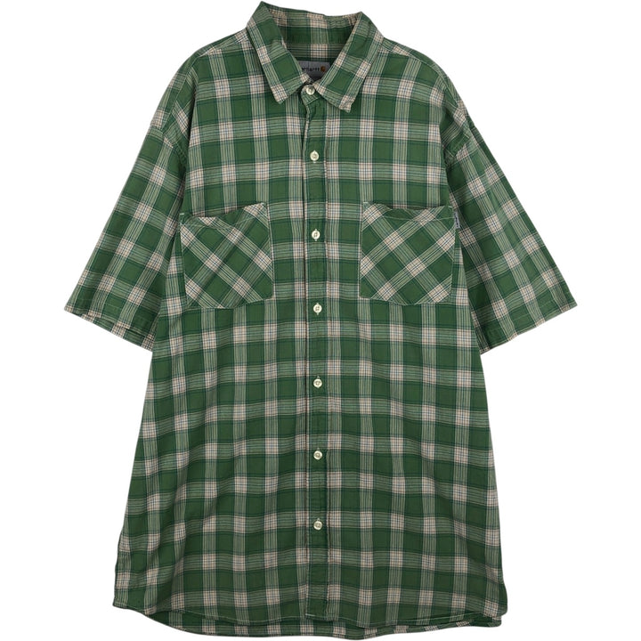 Carhartt Check Pattern Regular Collar Short Sleeve Work Shirt, Men's Size XL (approx.) cotton green type Vintage Second Hand