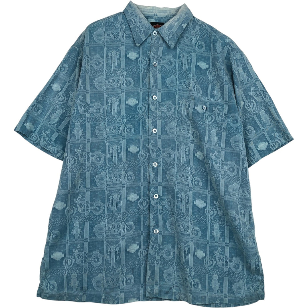 Harley-Davidson all-over print short-sleeved work shirt, boxy style, men's size L equivalent. silk Blue type light blue Vintage Second Hand