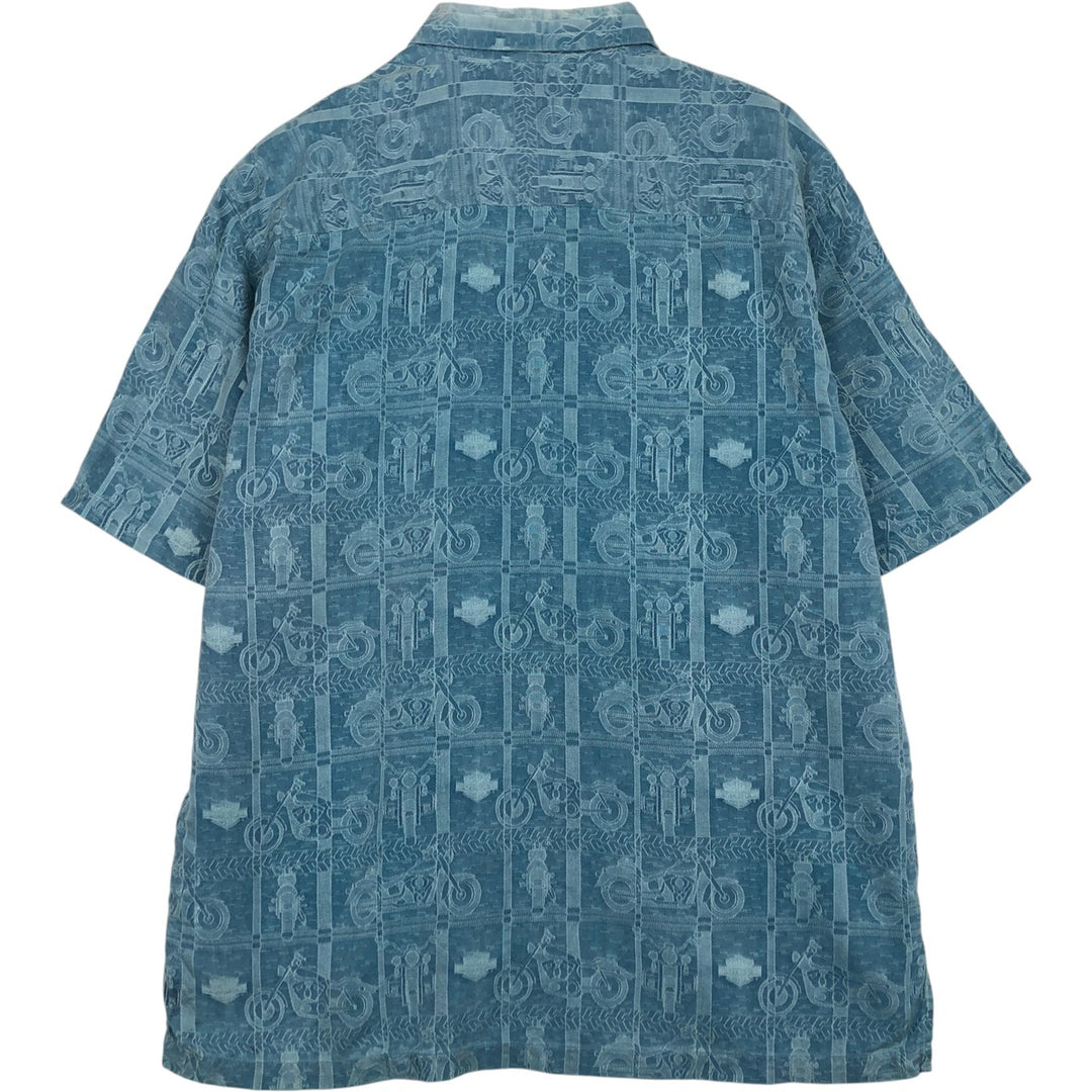 Harley-Davidson all-over print short-sleeved work shirt, boxy style, men's size L equivalent. silk Blue type light blue Vintage Second Hand