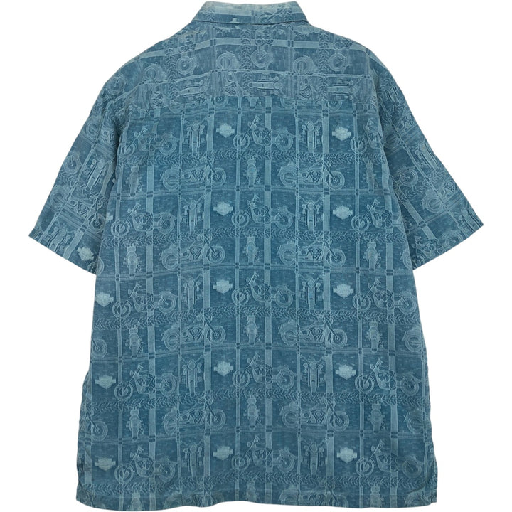 Harley-Davidson all-over print short-sleeved work shirt, boxy style, men's size L equivalent. silk Blue type light blue Vintage Second Hand