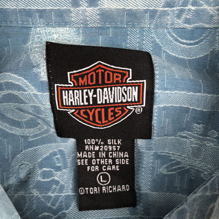 Harley-Davidson all-over print short-sleeved work shirt, boxy style, men's size L equivalent. silk Blue type light blue Vintage Second Hand