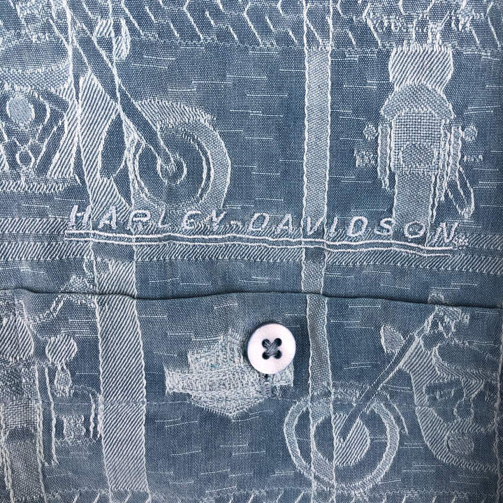 Harley-Davidson all-over print short-sleeved work shirt, boxy style, men's size L equivalent. silk Blue type light blue Vintage Second Hand
