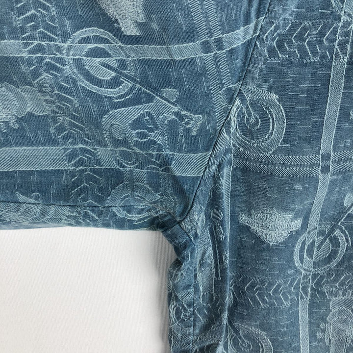 Harley-Davidson all-over print short-sleeved work shirt, boxy style, men's size L equivalent. silk Blue type light blue Vintage Second Hand
