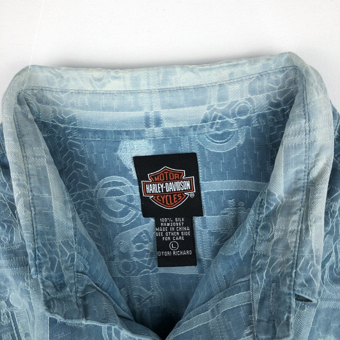 Harley-Davidson all-over print short-sleeved work shirt, boxy style, men's size L equivalent. silk Blue type light blue Vintage Second Hand