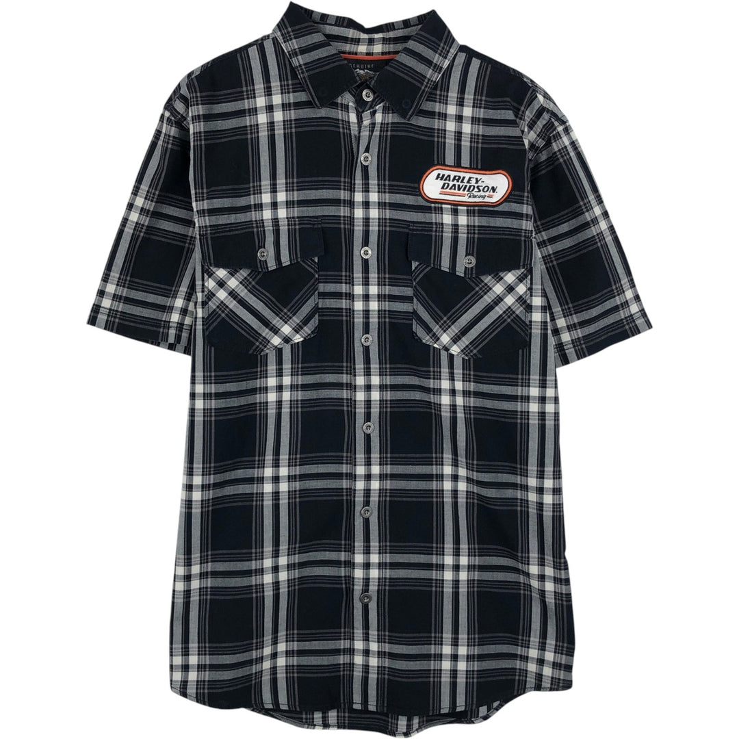 Harley-Davidson Check Pattern Hidden Button-Down Short-Sleeve Work Shirt, Men's Size M (approx.) unclear black type Vintage Second Hand