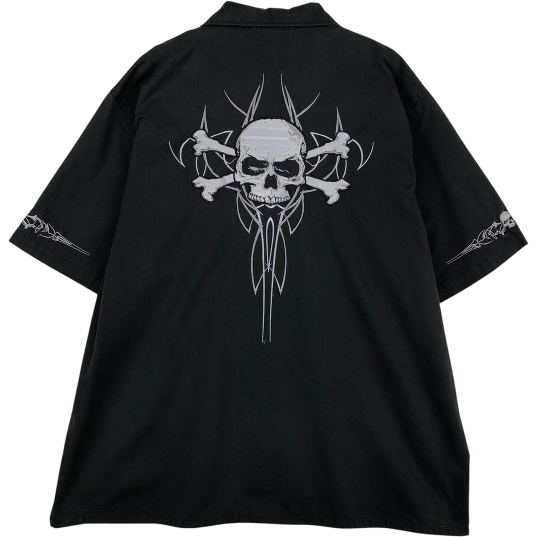 Dragonfly Roadhouse Skull Pattern Hidden Button-Down Open Collar Short-Sleeve Work Shirt Box Shirt Men's XXL Equivalent cotton black type Vintage Second Hand