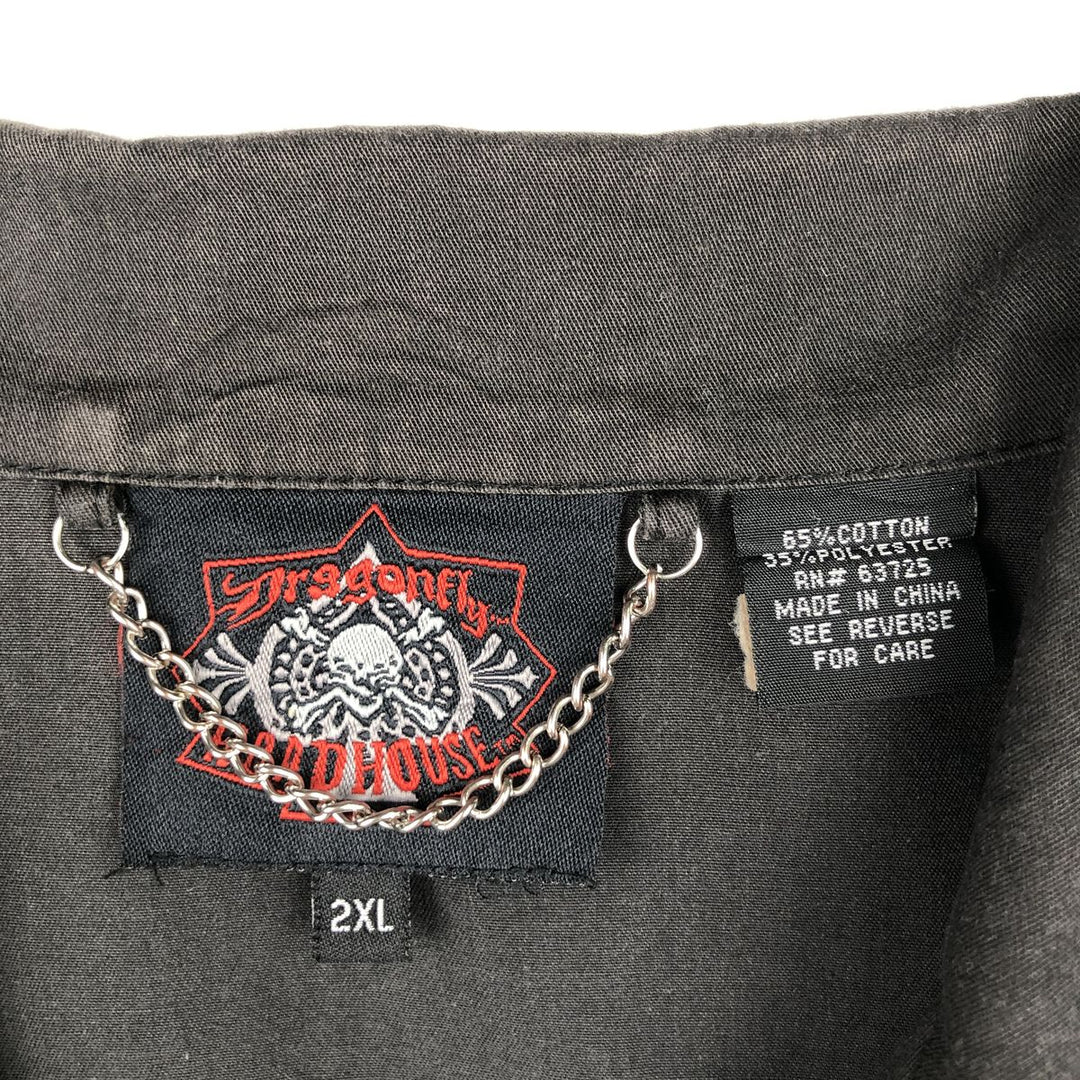 Dragonfly Roadhouse Skull Pattern Hidden Button-Down Open Collar Short-Sleeve Work Shirt Box Shirt Men's XXL Equivalent cotton black type Vintage Second Hand