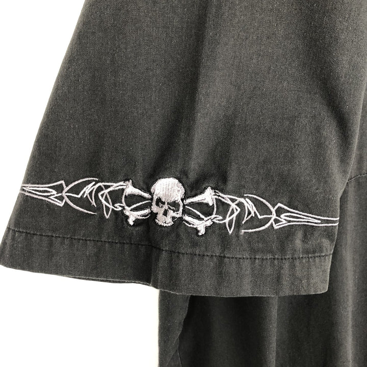 Dragonfly Roadhouse Skull Pattern Hidden Button-Down Open Collar Short-Sleeve Work Shirt Box Shirt Men's XXL Equivalent cotton black type Vintage Second Hand