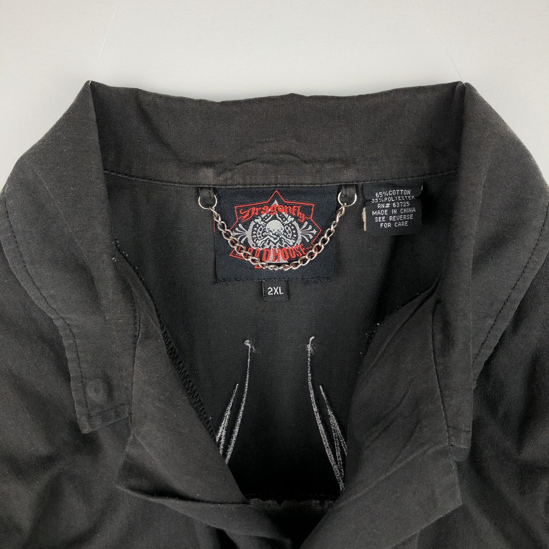 Dragonfly Roadhouse Skull Pattern Hidden Button-Down Open Collar Short-Sleeve Work Shirt Box Shirt Men's XXL Equivalent cotton black type Vintage Second Hand