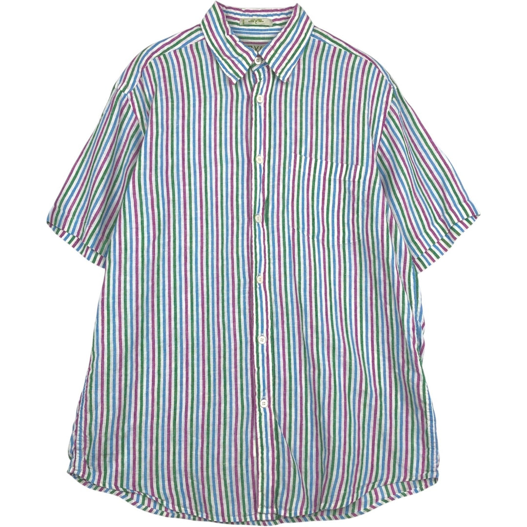 Orvis Stripe Pattern Short-Sleeve Linen Button-Down Shirt, Men's Size L (Equivalent), Hidden Button-Down linen multicolor Vintage Second Hand