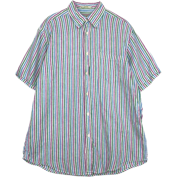 Orvis Stripe Pattern Short-Sleeve Linen Button-Down Shirt, Men's Size L (Equivalent), Hidden Button-Down linen multicolor Vintage Second Hand