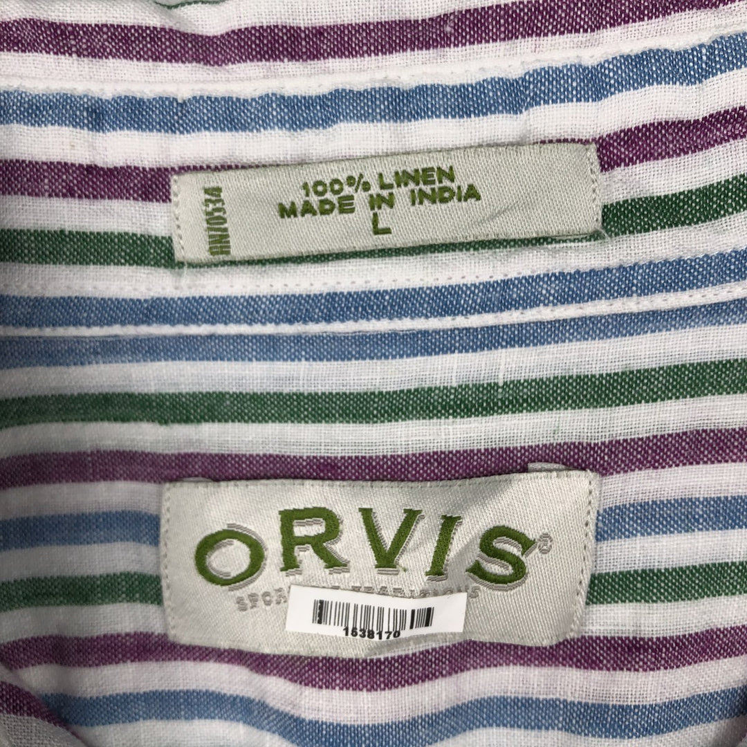 Orvis Stripe Pattern Short-Sleeve Linen Button-Down Shirt, Men's Size L (Equivalent), Hidden Button-Down linen multicolor Vintage Second Hand
