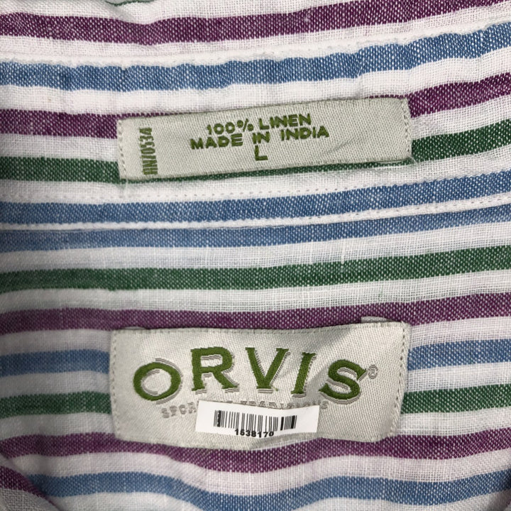 Orvis Stripe Pattern Short-Sleeve Linen Button-Down Shirt, Men's Size L (Equivalent), Hidden Button-Down linen multicolor Vintage Second Hand