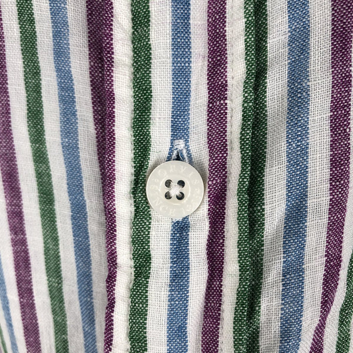 Orvis Stripe Pattern Short-Sleeve Linen Button-Down Shirt, Men's Size L (Equivalent), Hidden Button-Down linen multicolor Vintage Second Hand