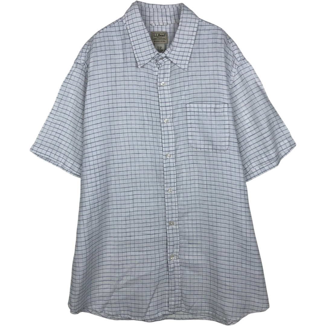 90s-00'S LLBean Check Pattern Short-Sleeve Linen Shirt, Men's Size XL (approx.) linen white type Vintage Second Hand