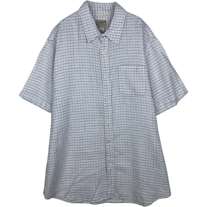 90s-00'S LLBean Check Pattern Short-Sleeve Linen Shirt, Men's Size XL (approx.) linen white type Vintage Second Hand