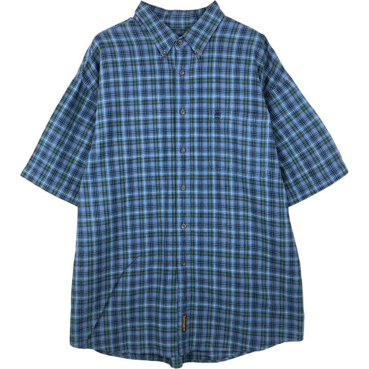 90'S Timberland Check Pattern Short-Sleeve Linen Button-Down Shirt, Men's Size XL (Equivalent), Vintage linen blue type Vintage Second Hand