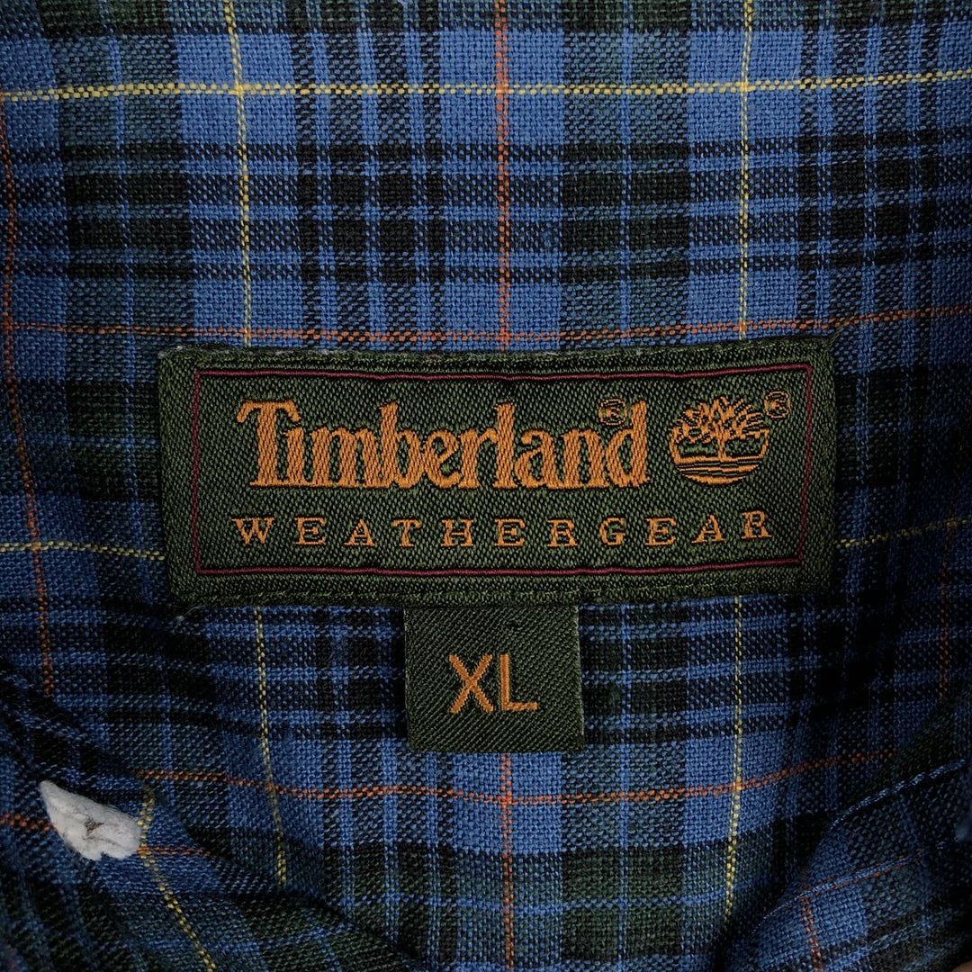 90'S Timberland Check Pattern Short-Sleeve Linen Button-Down Shirt, Men's Size XL (Equivalent), Vintage linen blue type Vintage Second Hand