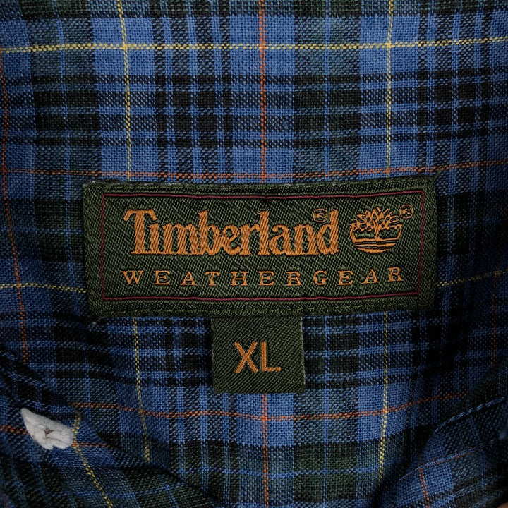 90'S Timberland Check Pattern Short-Sleeve Linen Button-Down Shirt, Men's Size XL (Equivalent), Vintage linen blue type Vintage Second Hand
