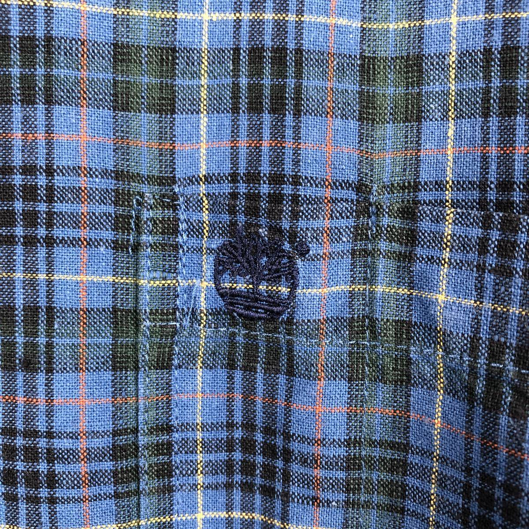 90'S Timberland Check Pattern Short-Sleeve Linen Button-Down Shirt, Men's Size XL (Equivalent), Vintage linen blue type Vintage Second Hand