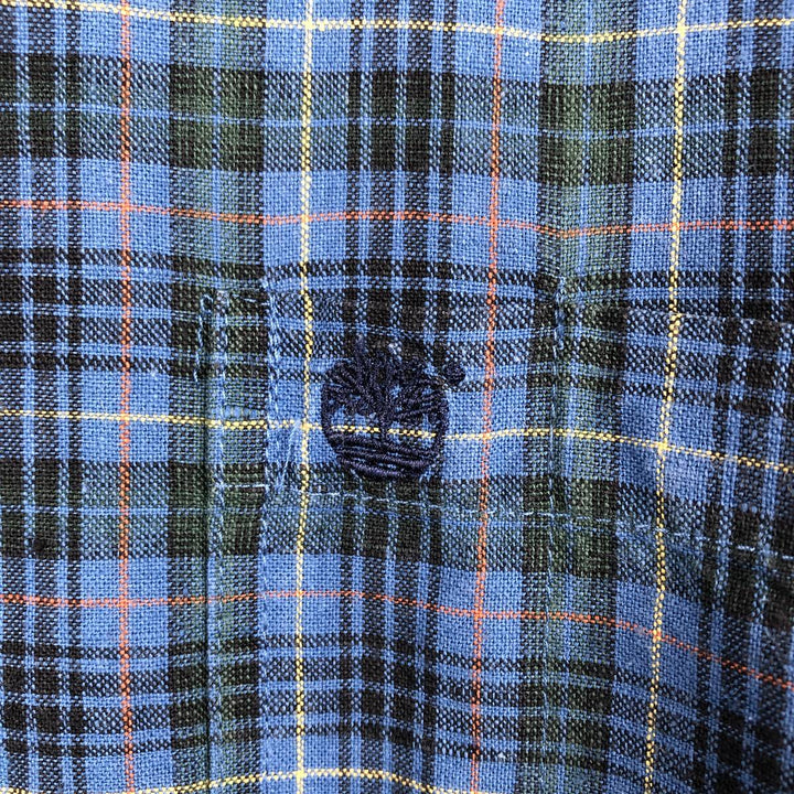 90'S Timberland Check Pattern Short-Sleeve Linen Button-Down Shirt, Men's Size XL (Equivalent), Vintage linen blue type Vintage Second Hand