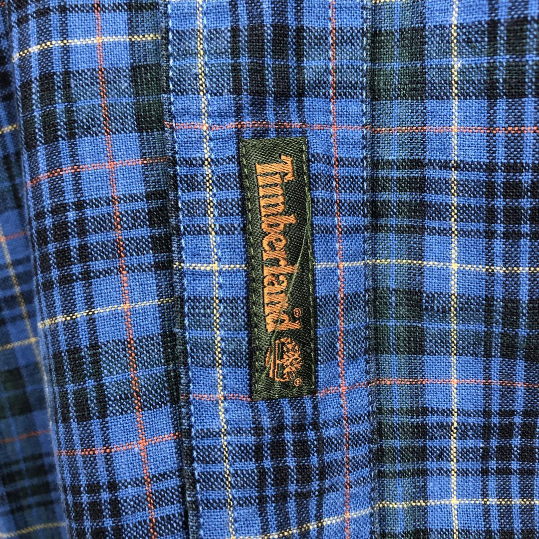 90'S Timberland Check Pattern Short-Sleeve Linen Button-Down Shirt, Men's Size XL (Equivalent), Vintage linen blue type Vintage Second Hand